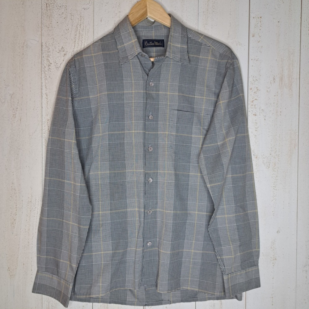 Grandpacore Vintage 70s/80s Glen Plaid Dress Shirt Countess Mara L/S Gray EUC